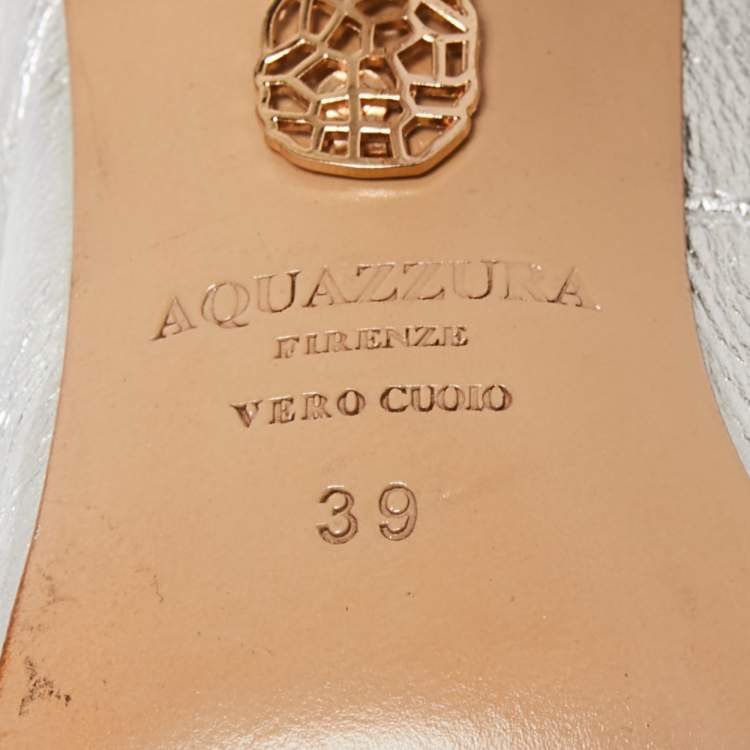 Pre Owned Aquazzura Silver Leather Laser Cut Sexy Thing Ankle Tie Sandals Size 39