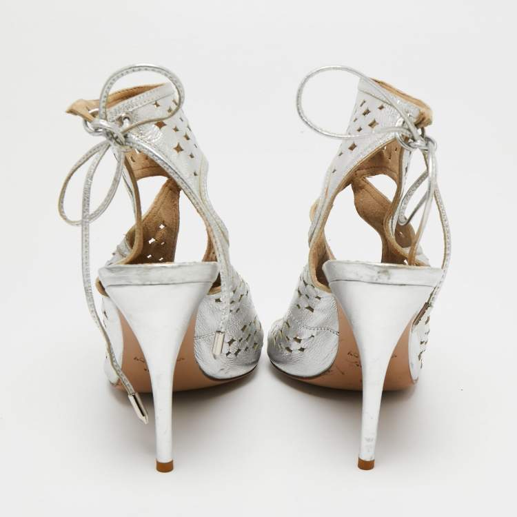 Pre Owned Aquazzura Silver Leather Laser Cut Sexy Thing Ankle Tie Sandals Size 39