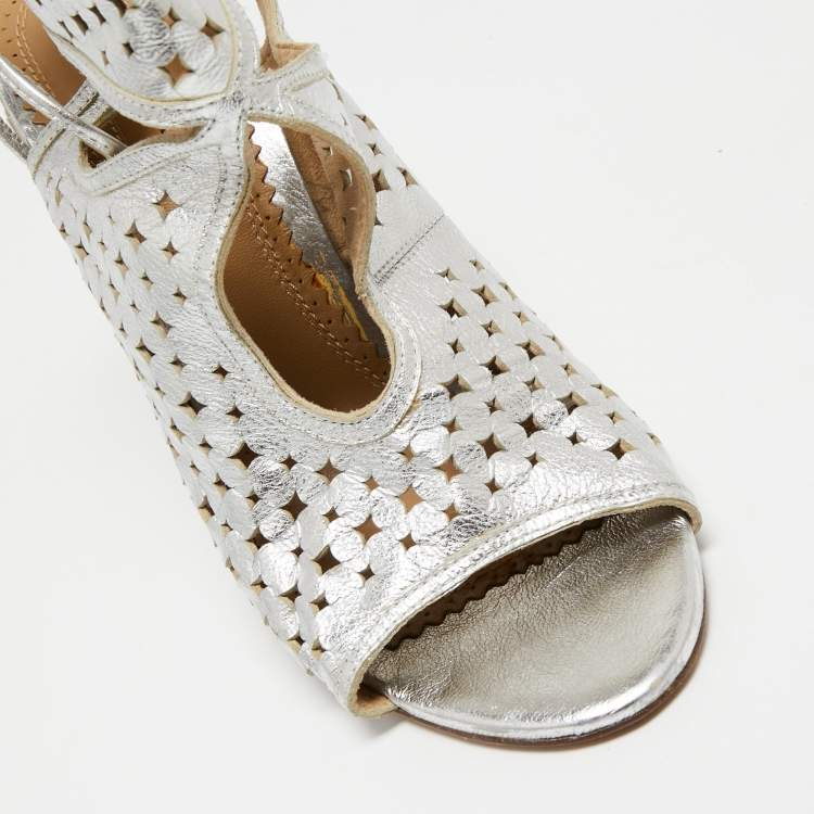 Pre Owned Aquazzura Silver Leather Laser Cut Sexy Thing Ankle Tie Sandals Size 39