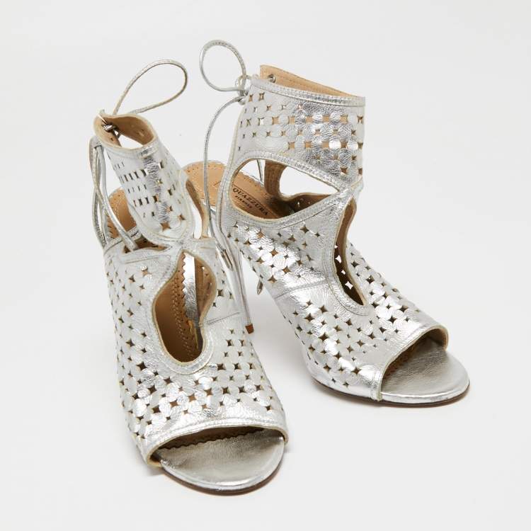 Pre Owned Aquazzura Silver Leather Laser Cut Sexy Thing Ankle Tie Sandals Size 39