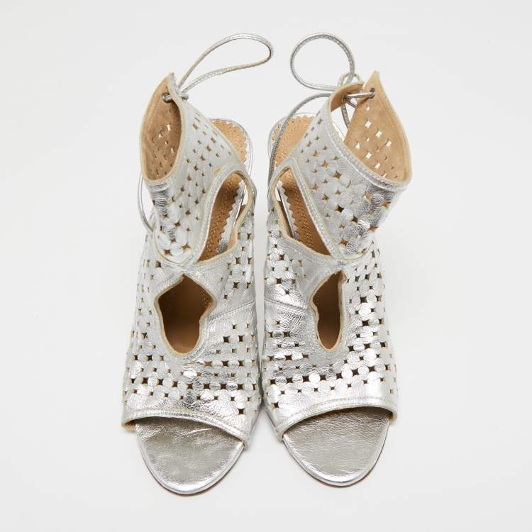 Pre Owned Aquazzura Silver Leather Laser Cut Sexy Thing Ankle Tie Sandals Size 39