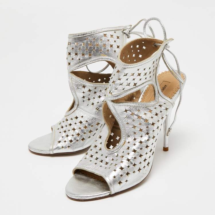 Pre Owned Aquazzura Silver Leather Laser Cut Sexy Thing Ankle Tie Sandals Size 39