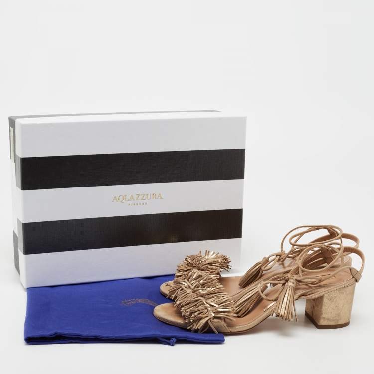 Pre Owned Aquazzura Metallic Gold Fringed Suede Wild Thing Block Heel Ankle Wrap Sandals Size 39