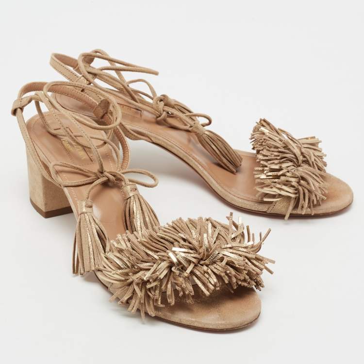 Pre Owned Aquazzura Metallic Gold Fringed Suede Wild Thing Block Heel Ankle Wrap Sandals Size 39