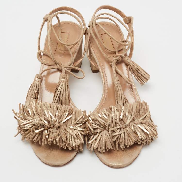 Pre Owned Aquazzura Metallic Gold Fringed Suede Wild Thing Block Heel Ankle Wrap Sandals Size 39