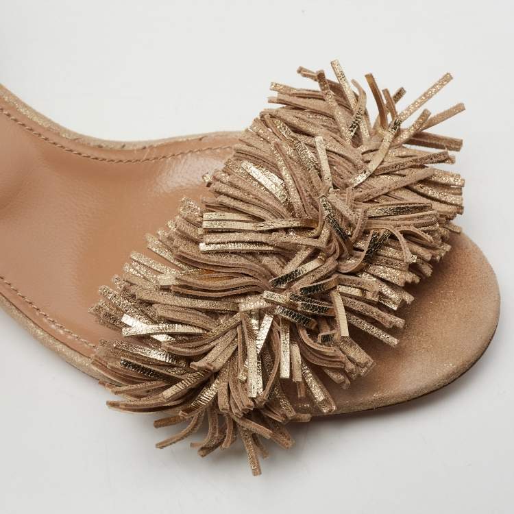 Pre Owned Aquazzura Metallic Gold Fringed Suede Wild Thing Block Heel Ankle Wrap Sandals Size 39