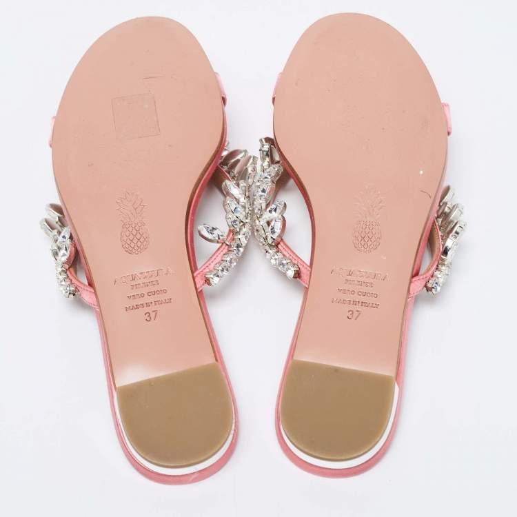 Pre Owned Aquazzura Pink Satin Crystal Embellished Flat Slides Size 37