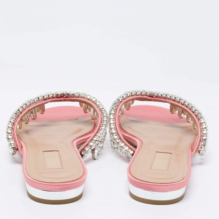 Pre Owned Aquazzura Pink Satin Crystal Embellished Flat Slides Size 37
