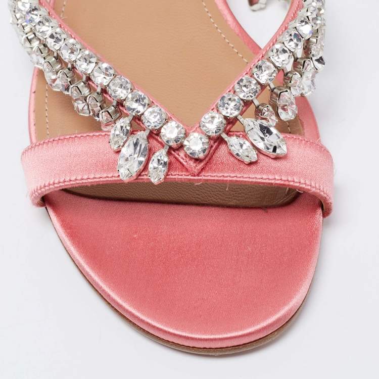 Pre Owned Aquazzura Pink Satin Crystal Embellished Flat Slides Size 37