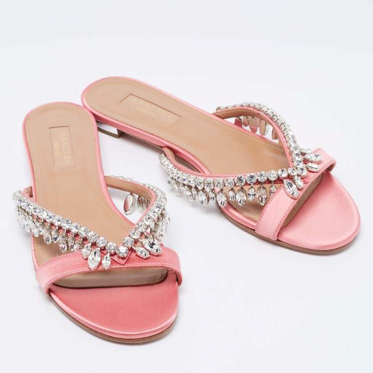 Pre Owned Aquazzura Pink Satin Crystal Embellished Flat Slides Size 37