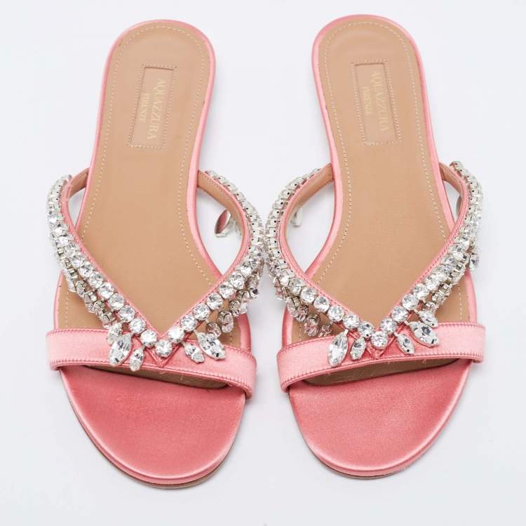Pre Owned Aquazzura Pink Satin Crystal Embellished Flat Slides Size 37