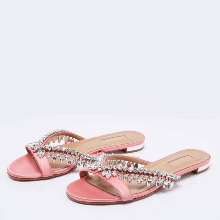 Pre Owned Aquazzura Pink Satin Crystal Embellished Flat Slides Size 37