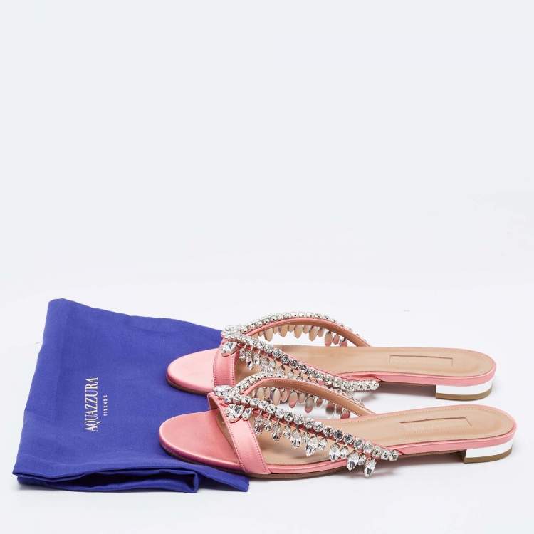 Pre Owned Aquazzura Pink Satin Crystal Embellished Flat Slides Size 37