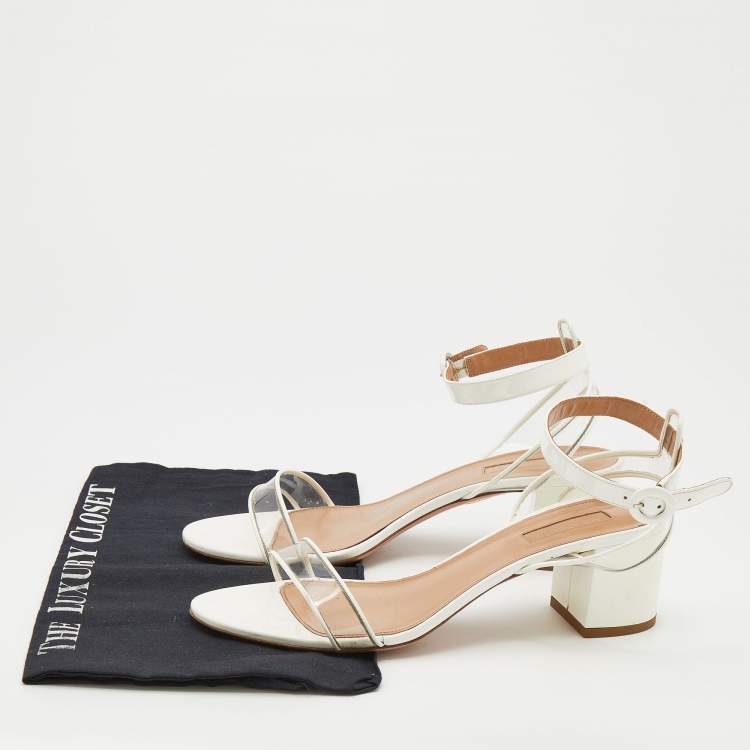 Pre Owned Aquazzura White/Transparent Patent Leather And PVC Ankle Strap Sandals Size 39.5