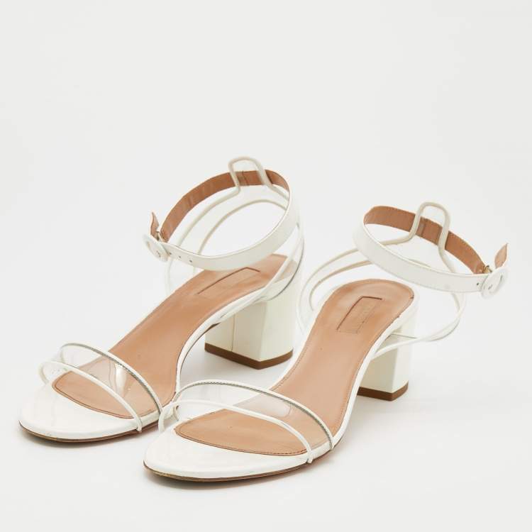 Pre Owned Aquazzura White/Transparent Patent Leather And PVC Ankle Strap Sandals Size 39.5