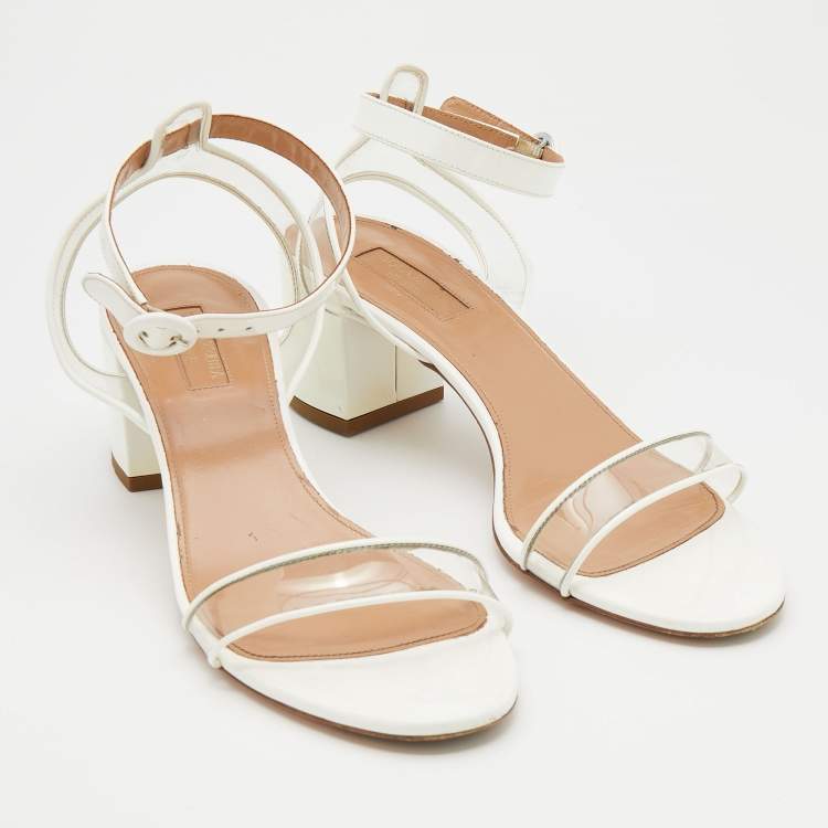 Pre Owned Aquazzura White/Transparent Patent Leather And PVC Ankle Strap Sandals Size 39.5