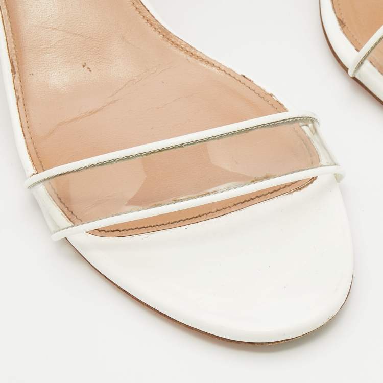 Pre Owned Aquazzura White/Transparent Patent Leather And PVC Ankle Strap Sandals Size 39.5