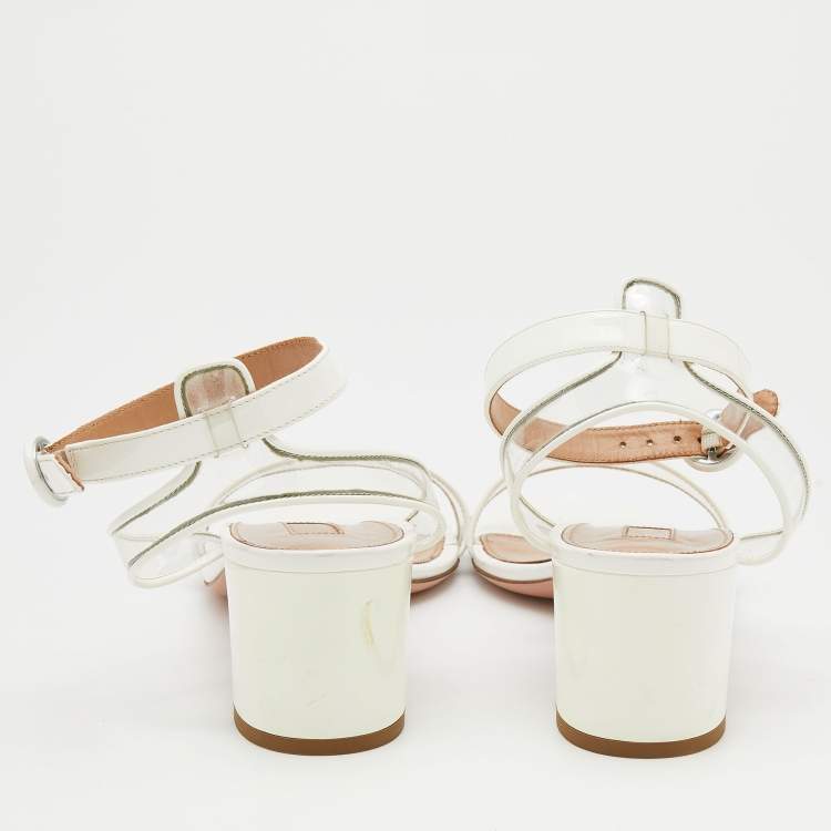 Pre Owned Aquazzura White/Transparent Patent Leather And PVC Ankle Strap Sandals Size 39.5