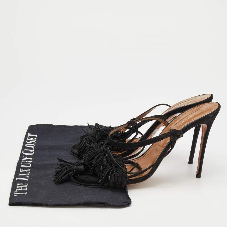 مملوكة مسبقًا Aquazzura Black Fringed Suede Wild Thing Ankle Wrap Sandals Size 40