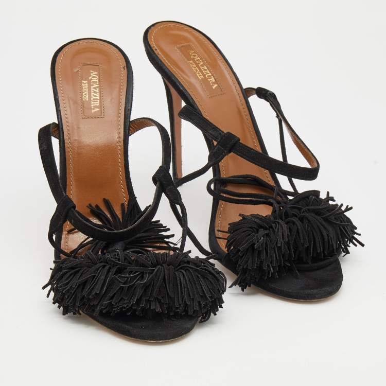 مملوكة مسبقًا Aquazzura Black Fringed Suede Wild Thing Ankle Wrap Sandals Size 40
