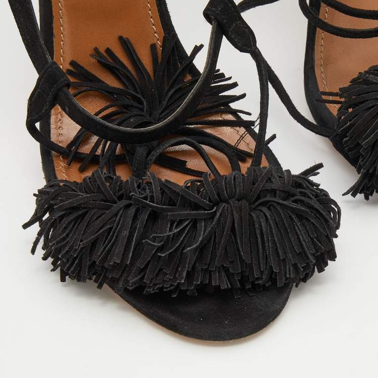 مملوكة مسبقًا Aquazzura Black Fringed Suede Wild Thing Ankle Wrap Sandals Size 40
