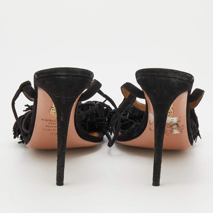 مملوكة مسبقًا Aquazzura Black Fringed Suede Wild Thing Ankle Wrap Sandals Size 40