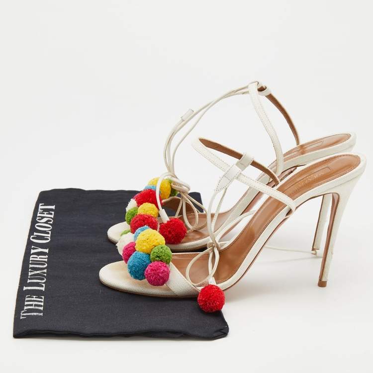 مملوكة مسبقًا Aquazzura White Raffia And Leather Disco Thing Ankle Wrap Sandals Size 40
