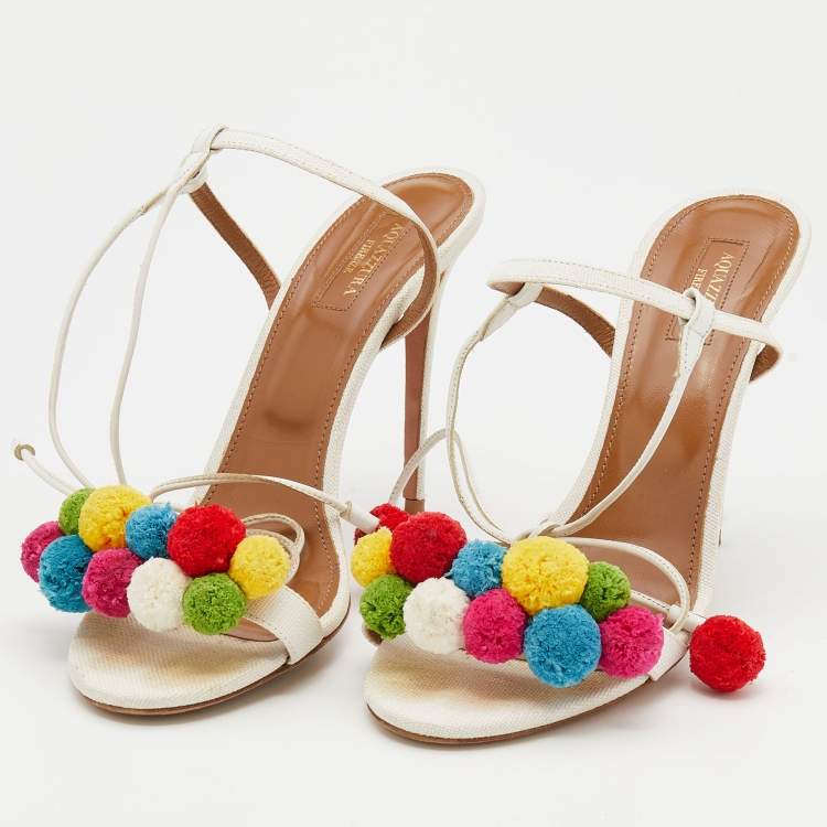 مملوكة مسبقًا Aquazzura White Raffia And Leather Disco Thing Ankle Wrap Sandals Size 40
