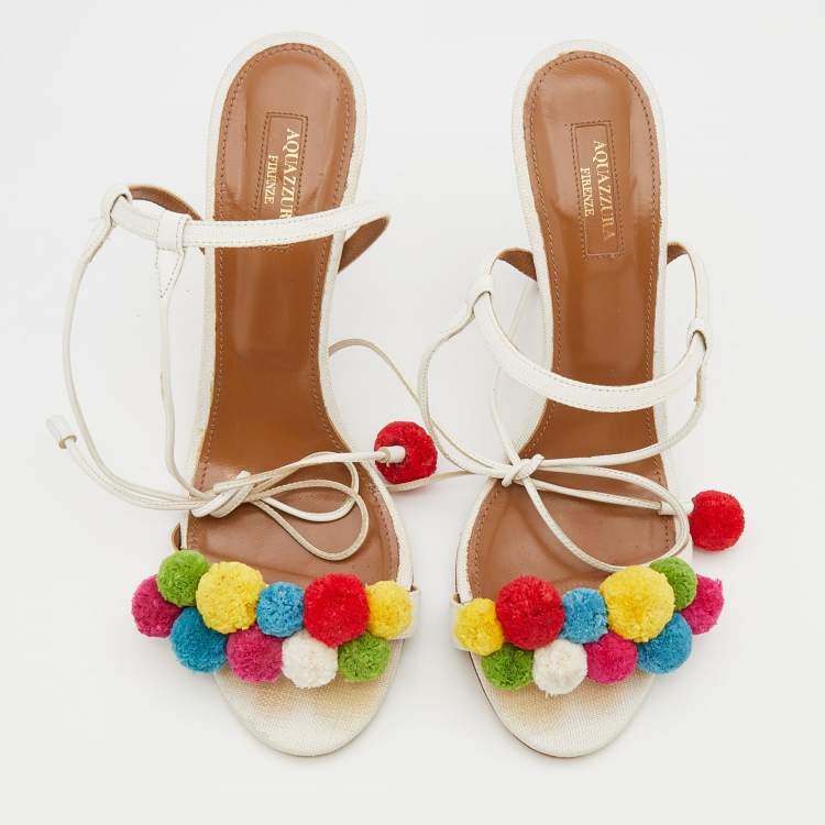 مملوكة مسبقًا Aquazzura White Raffia And Leather Disco Thing Ankle Wrap Sandals Size 40