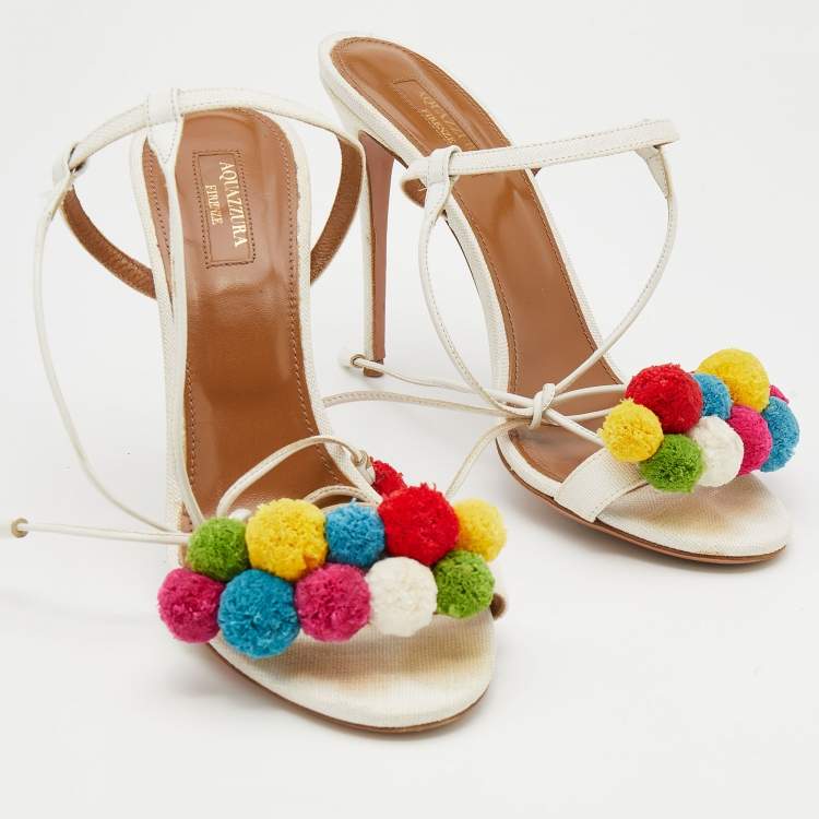 مملوكة مسبقًا Aquazzura White Raffia And Leather Disco Thing Ankle Wrap Sandals Size 40