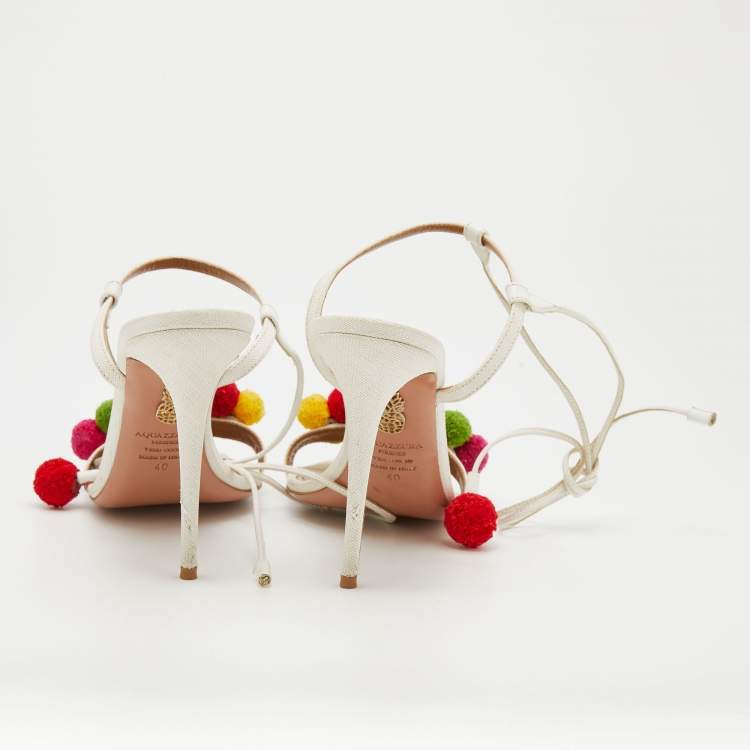 مملوكة مسبقًا Aquazzura White Raffia And Leather Disco Thing Ankle Wrap Sandals Size 40