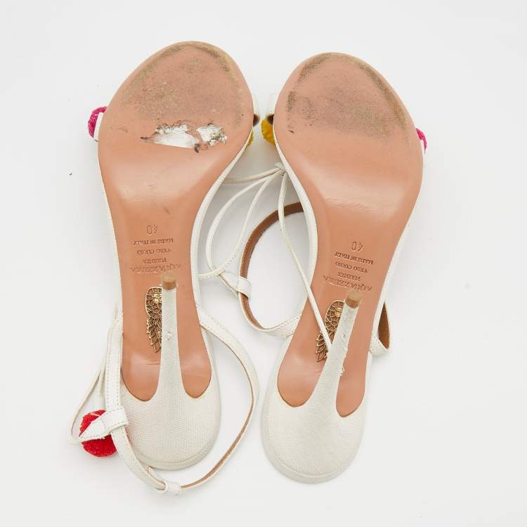 مملوكة مسبقًا Aquazzura White Raffia And Leather Disco Thing Ankle Wrap Sandals Size 40