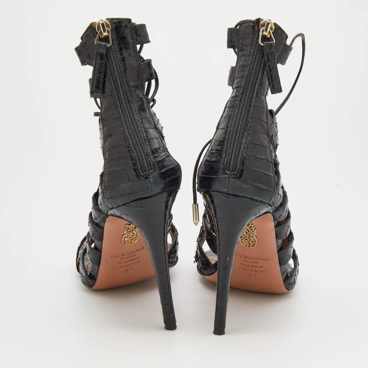 Pre Owned Aquazzura Black Python Leather Amazon Lace Up Open Toe Sandals Size 40