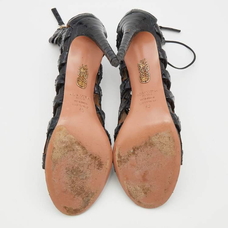 Pre Owned Aquazzura Black Python Leather Amazon Lace Up Open Toe Sandals Size 40