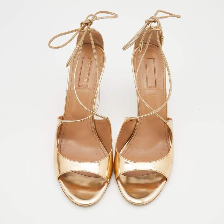 مملوكة مسبقًا Aquazzura Metallic Gold Leather Sofia Ankle Wrap Sandals Size 39