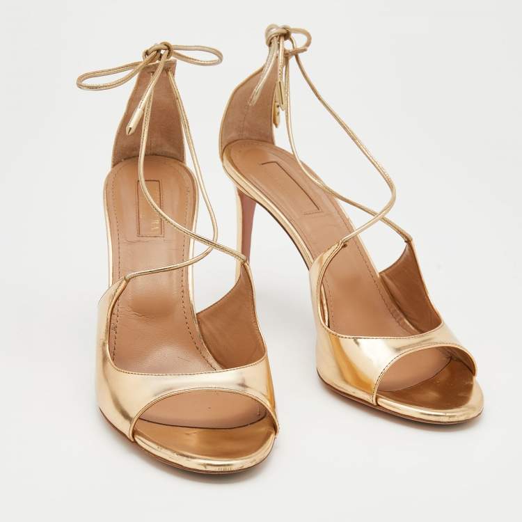 مملوكة مسبقًا Aquazzura Metallic Gold Leather Sofia Ankle Wrap Sandals Size 39