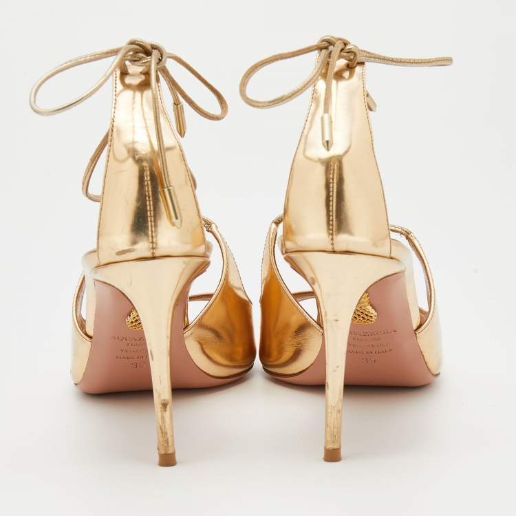 مملوكة مسبقًا Aquazzura Metallic Gold Leather Sofia Ankle Wrap Sandals Size 39