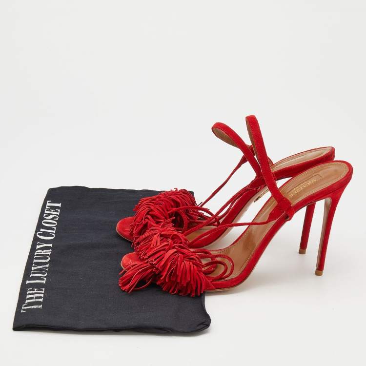 Pre Owned Aquazzura Red Fringed Suede Wild Thing Ankle Wrap Sandals Size 39