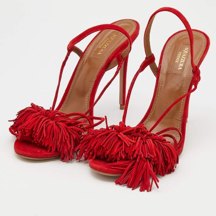 Pre Owned Aquazzura Red Fringed Suede Wild Thing Ankle Wrap Sandals Size 39