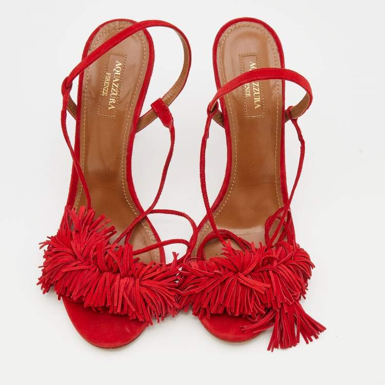 Pre Owned Aquazzura Red Fringed Suede Wild Thing Ankle Wrap Sandals Size 39
