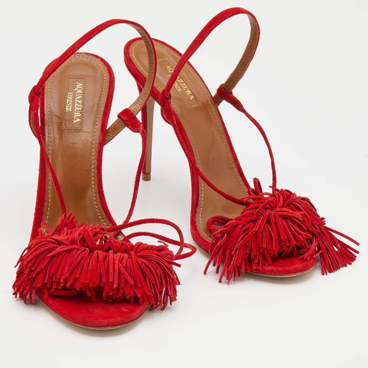 Pre Owned Aquazzura Red Fringed Suede Wild Thing Ankle Wrap Sandals Size 39