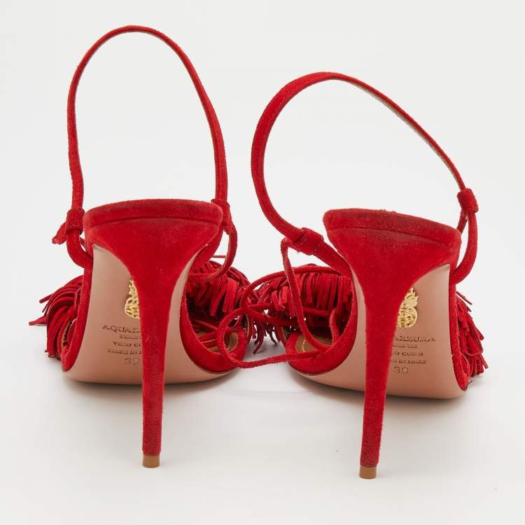Pre Owned Aquazzura Red Fringed Suede Wild Thing Ankle Wrap Sandals Size 39