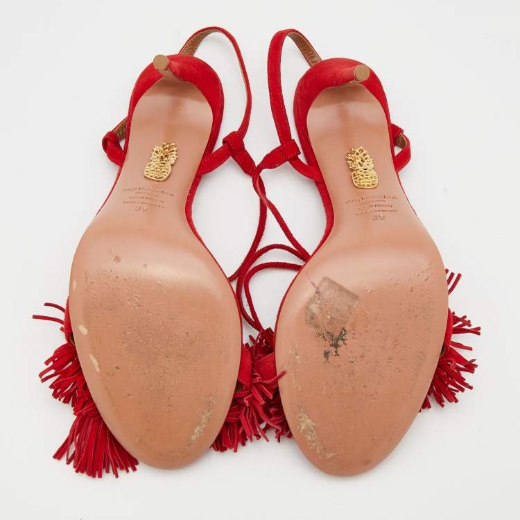 Pre Owned Aquazzura Red Fringed Suede Wild Thing Ankle Wrap Sandals Size 39