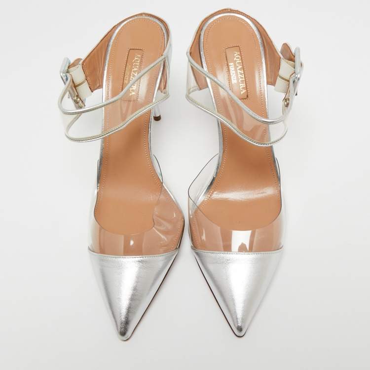 Pre Owned Aquazzura Silver Leather and PVC Optic Pointed-Toe Mules Size 40