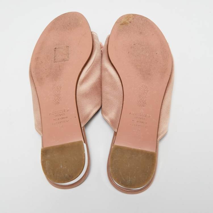 Pre Owned Aquazzura Light Pink Satin Powder Puff Crystal Embellished Flat Slides Size 40