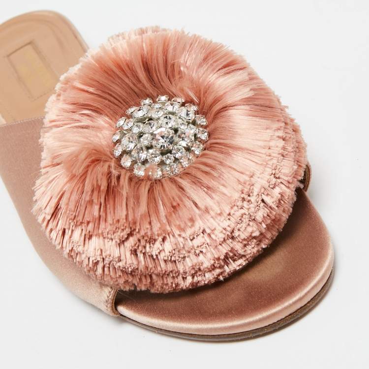 Pre Owned Aquazzura Light Pink Satin Powder Puff Crystal Embellished Flat Slides Size 40