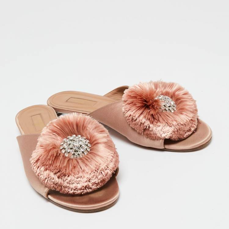 Pre Owned Aquazzura Light Pink Satin Powder Puff Crystal Embellished Flat Slides Size 40
