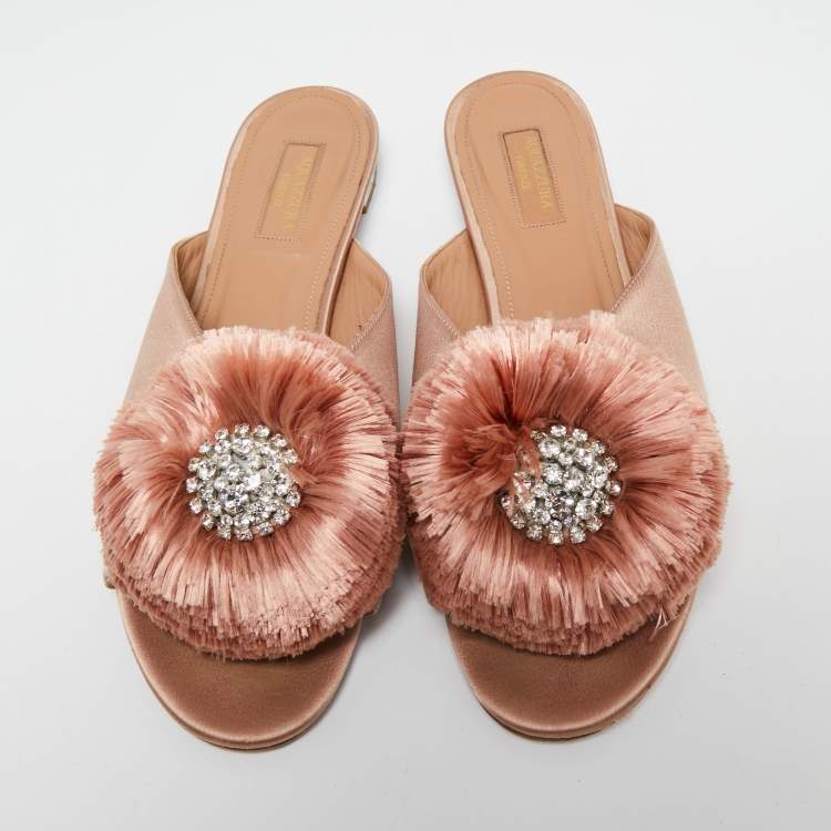 Pre Owned Aquazzura Light Pink Satin Powder Puff Crystal Embellished Flat Slides Size 40