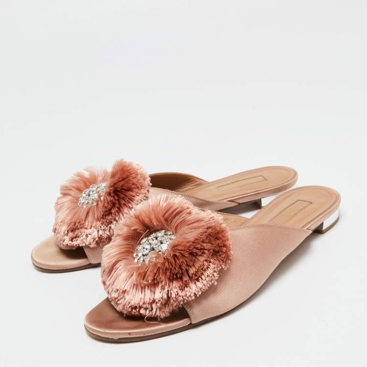 Pre Owned Aquazzura Light Pink Satin Powder Puff Crystal Embellished Flat Slides Size 40