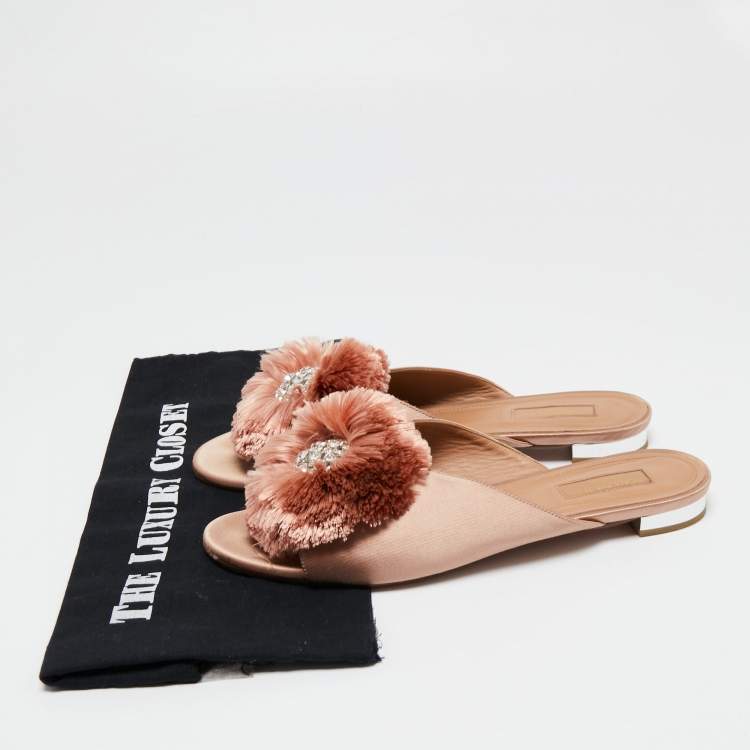 Pre Owned Aquazzura Light Pink Satin Powder Puff Crystal Embellished Flat Slides Size 40